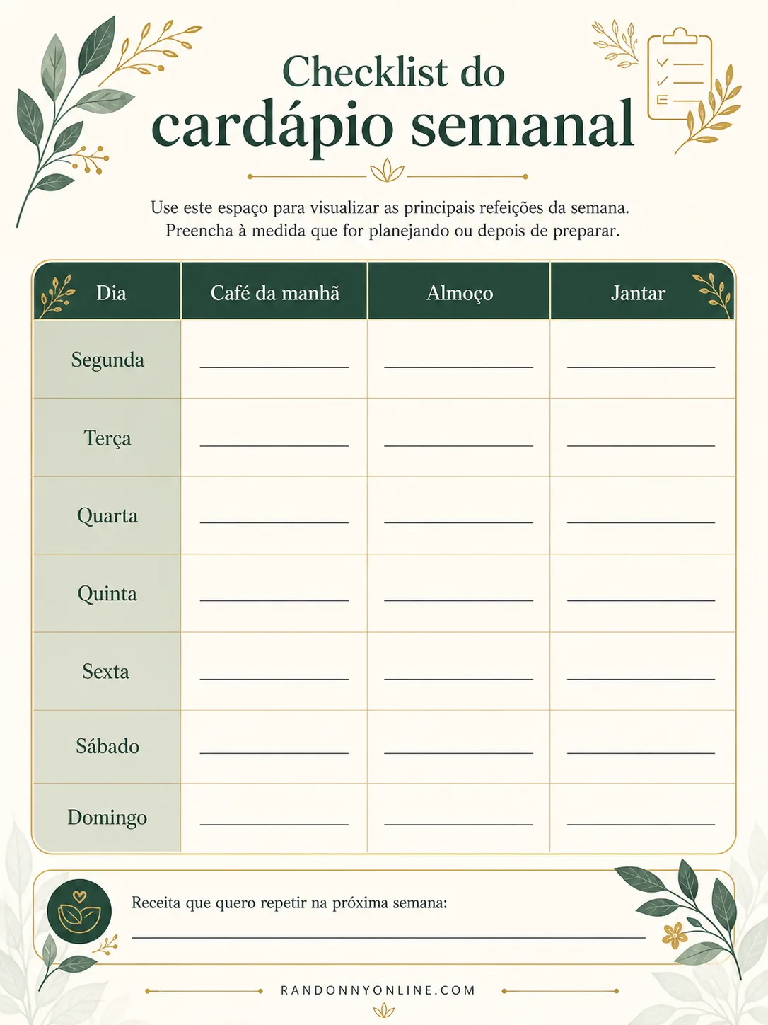 Planner semanal da Rotina Leve